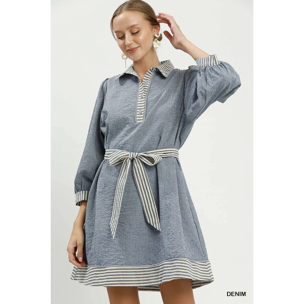 Umgee Striped Contrast Belted Puff Sleeve Mini Dress - Denim - Medium‎